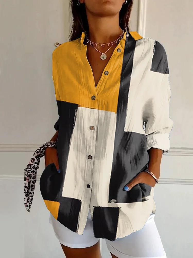 Vintage Color Block Art Print Long Sleeve Shirt