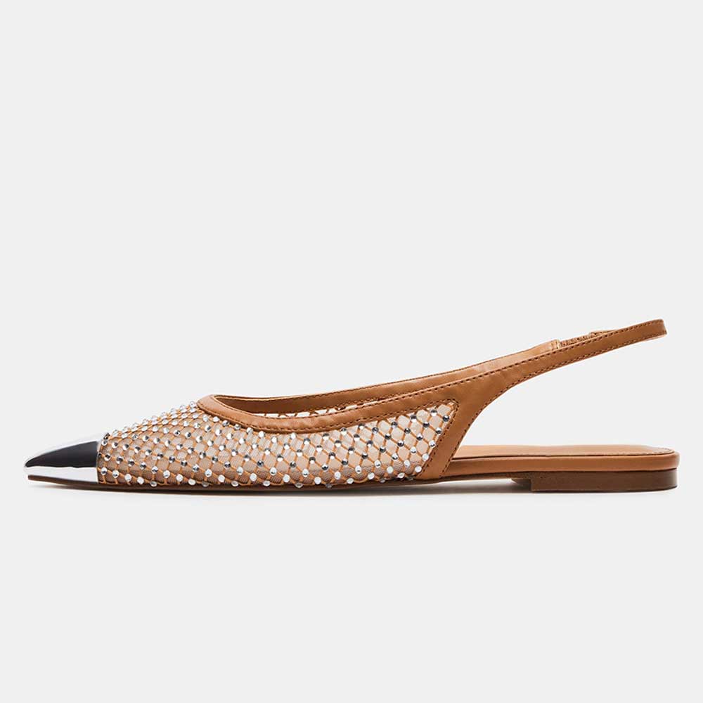 Brown Fishnet Pointed Toe Flat Rhinestone Embellished Slingback Pumps Nicepairs