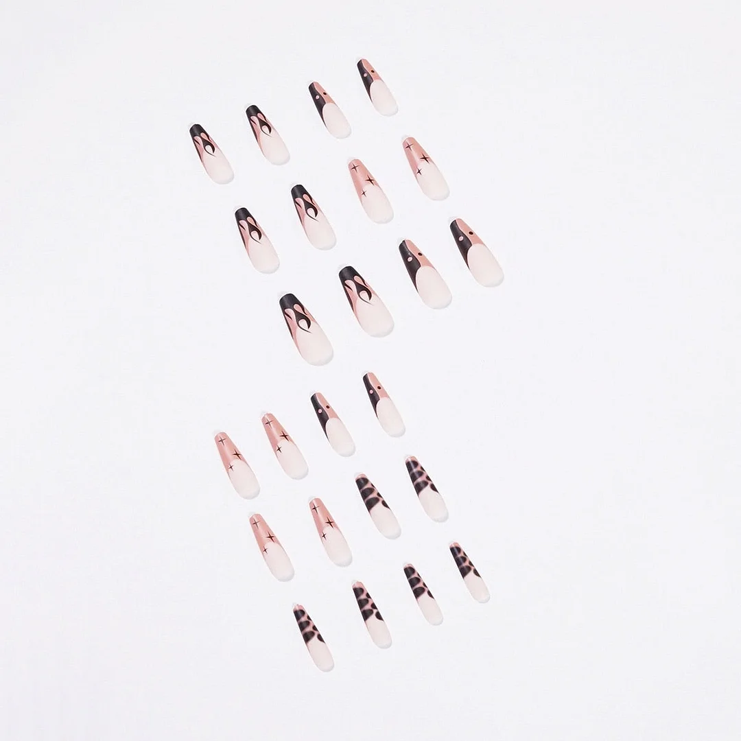 24Pcs/Set Black Flame Star Design False Nail French Full Cover Fake Nails Glue DIY Manicure Nail Art Tools-Nail Inspo