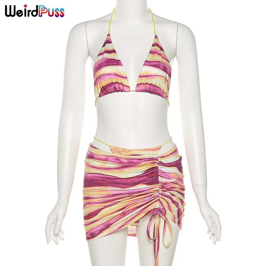 Weird Puss Tie Dye Print Women 3 Piece Set Beach Style Halter Bikini Top+Briefs+Ruched Mini Skirt Matching Slim Vacation Outfits