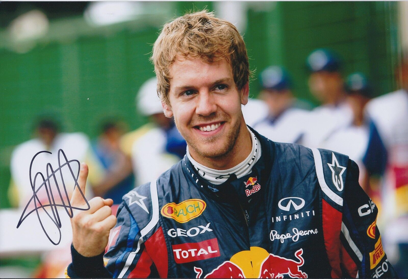Sebastian VETTEL SIGNED No 1 Salute WIN 12x8 Photo Poster painting Red Bull AFTAL Autograph COA