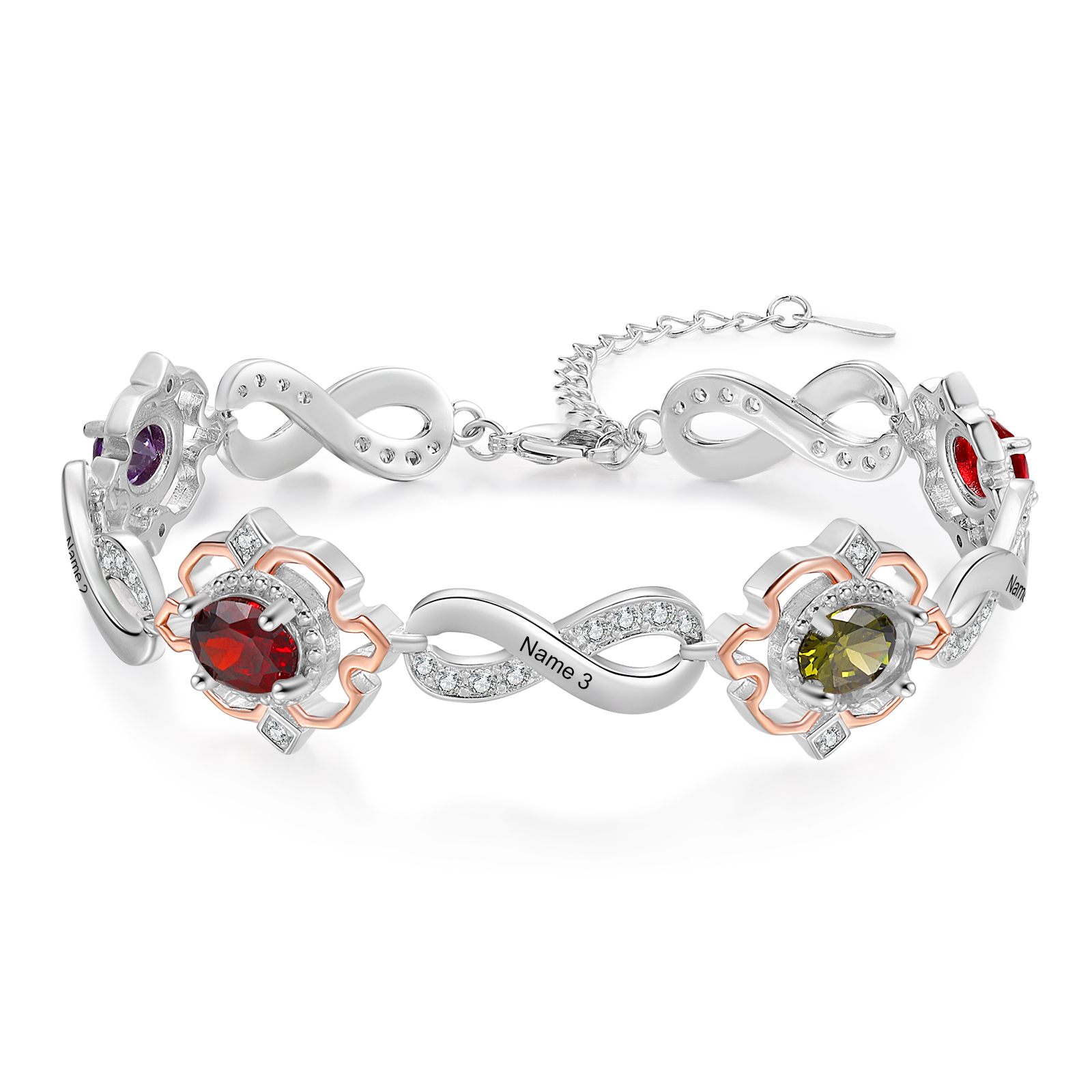 Braccialetto infinito personalizzato con 5 nomi e 4 pietre di nascita per donna