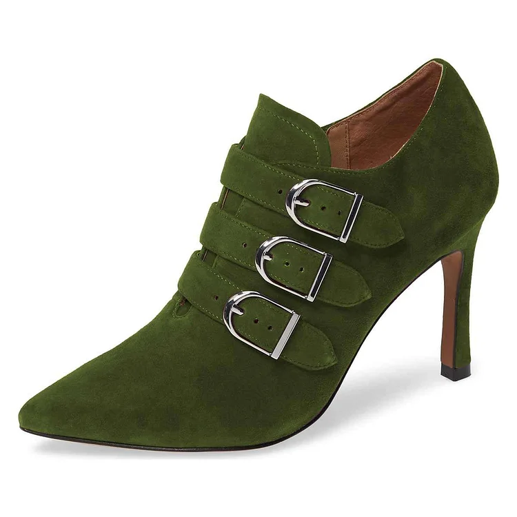 Green Buckle Booties Pointy Toe Stiletto Heel Vegan Suede Ankle Boots |FSJ Shoes