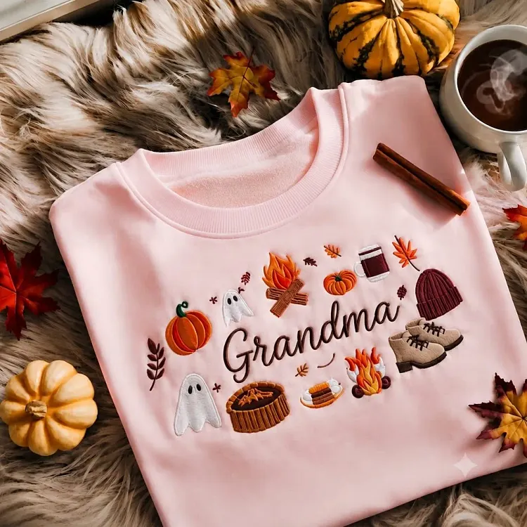 Personalized Grandma Sweatshirt with Grandkids Names, Fall Embroidered Pumpkin Ghost Grandma Gift