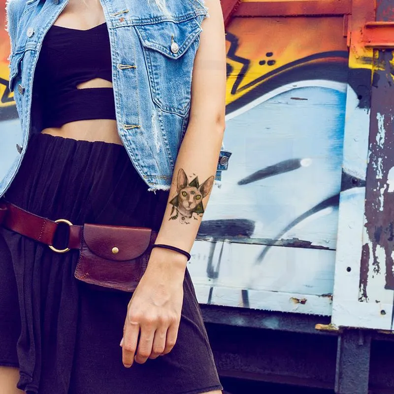 Sphinx Cat Head Tattoo Sticker Animal Pattern Design Waterproof Temporary Woman Personality Art Color Flower Arm Tattoo Sticker