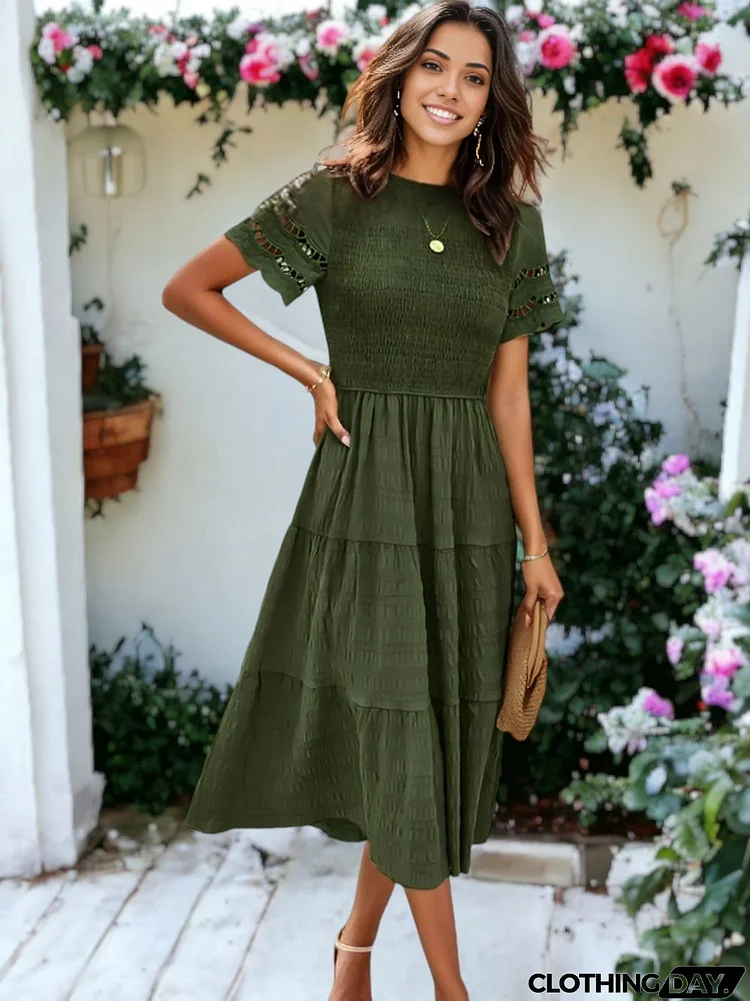 Solid Color Hallow Eyelet Sleeve Tier Midi Dress