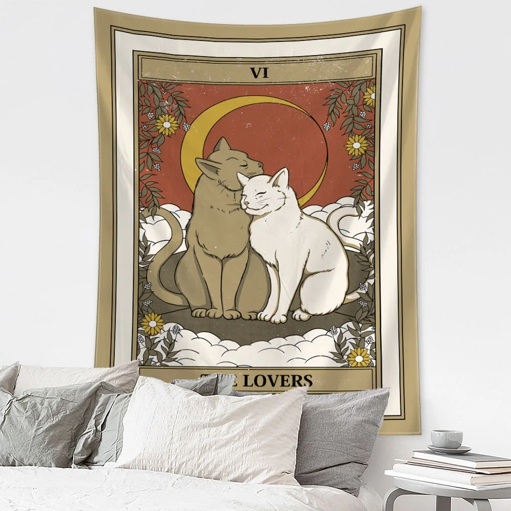 Cartoon Cat Tarot Tapestry Wall Hanging Mysterious Psychedelic Witchcraft Tapiz Hippie Kawaii Home Decor