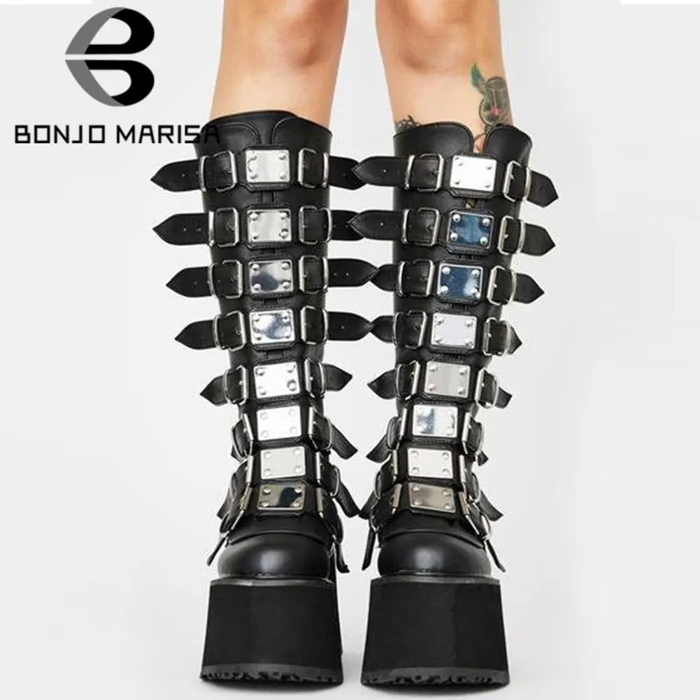 BONJOMARISA Plus Size 50 Brand Luxury Design Platform Thick Heel Mid Calf Boots Women Punk Cool Gothic Black Buckle Shoes Woman