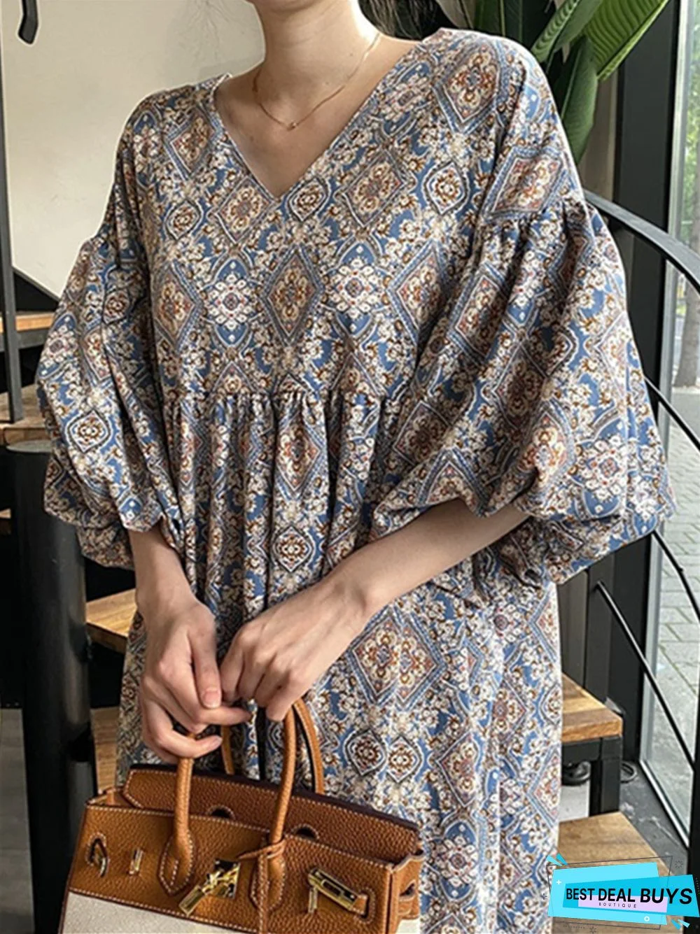 Printed V-Neck Loose Swing Lantern Sleeve Dress