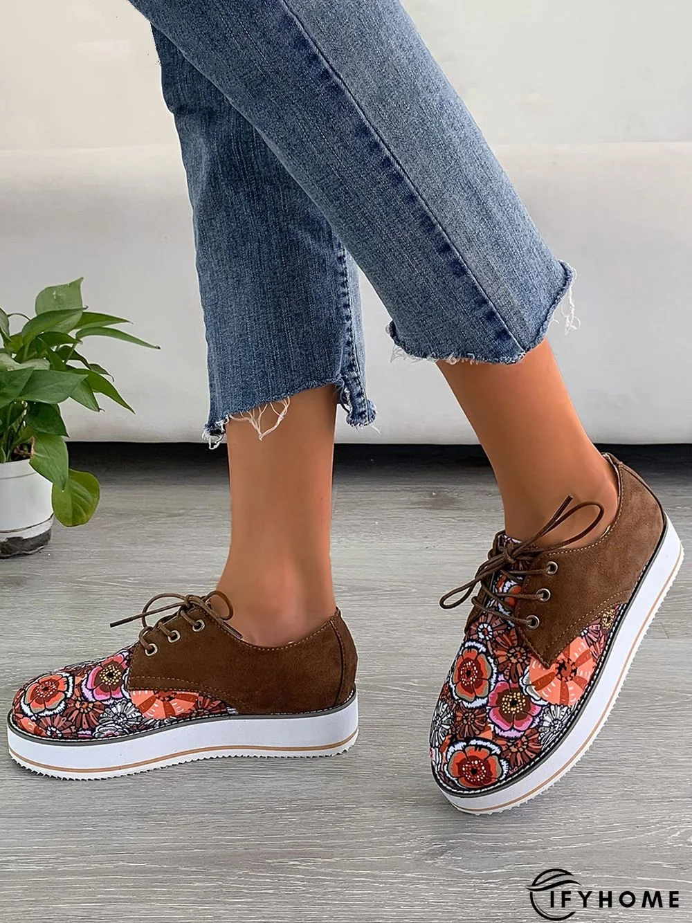 Floral Printed Patchwork Lace Up Shoes | IFYHOME
