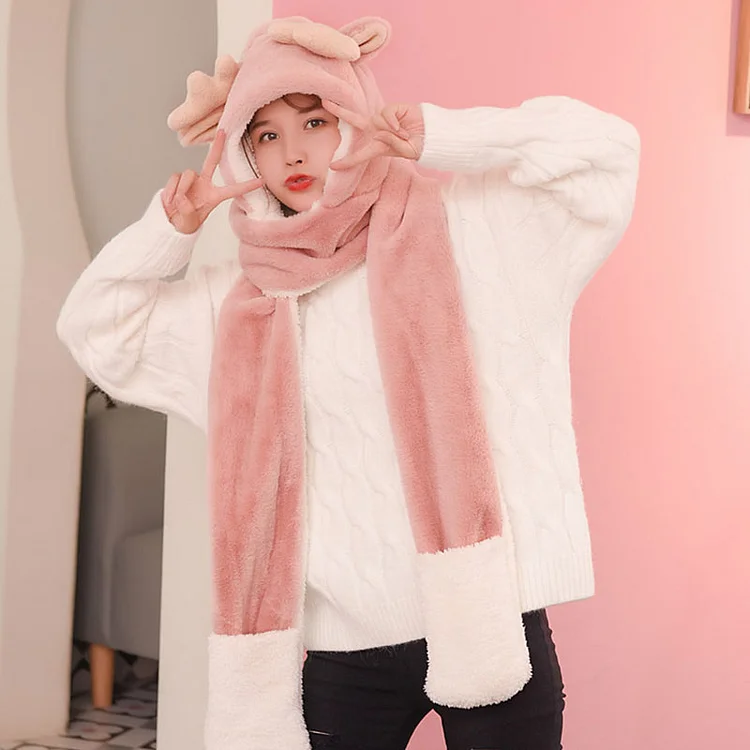 Deer Antler Hat Scarf Gloves Warmer - Modakawa Modakawa