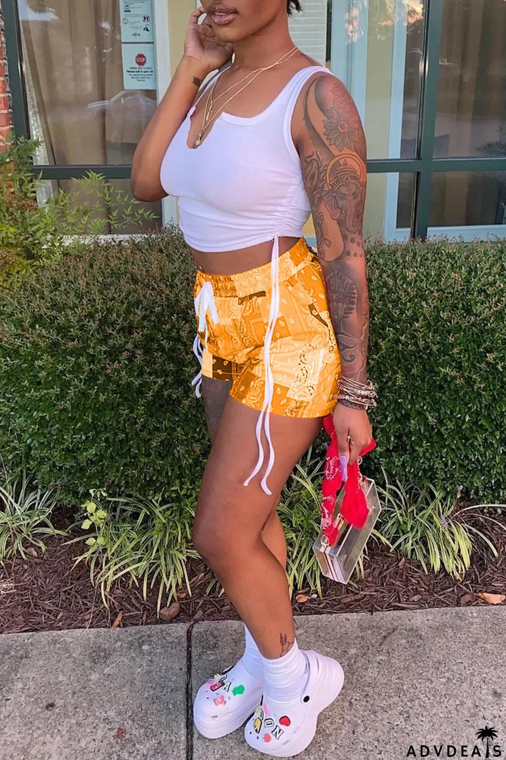 Grey Sexy Print Ripped Contrast Spaghetti Strap Sleeveless Two Pieces