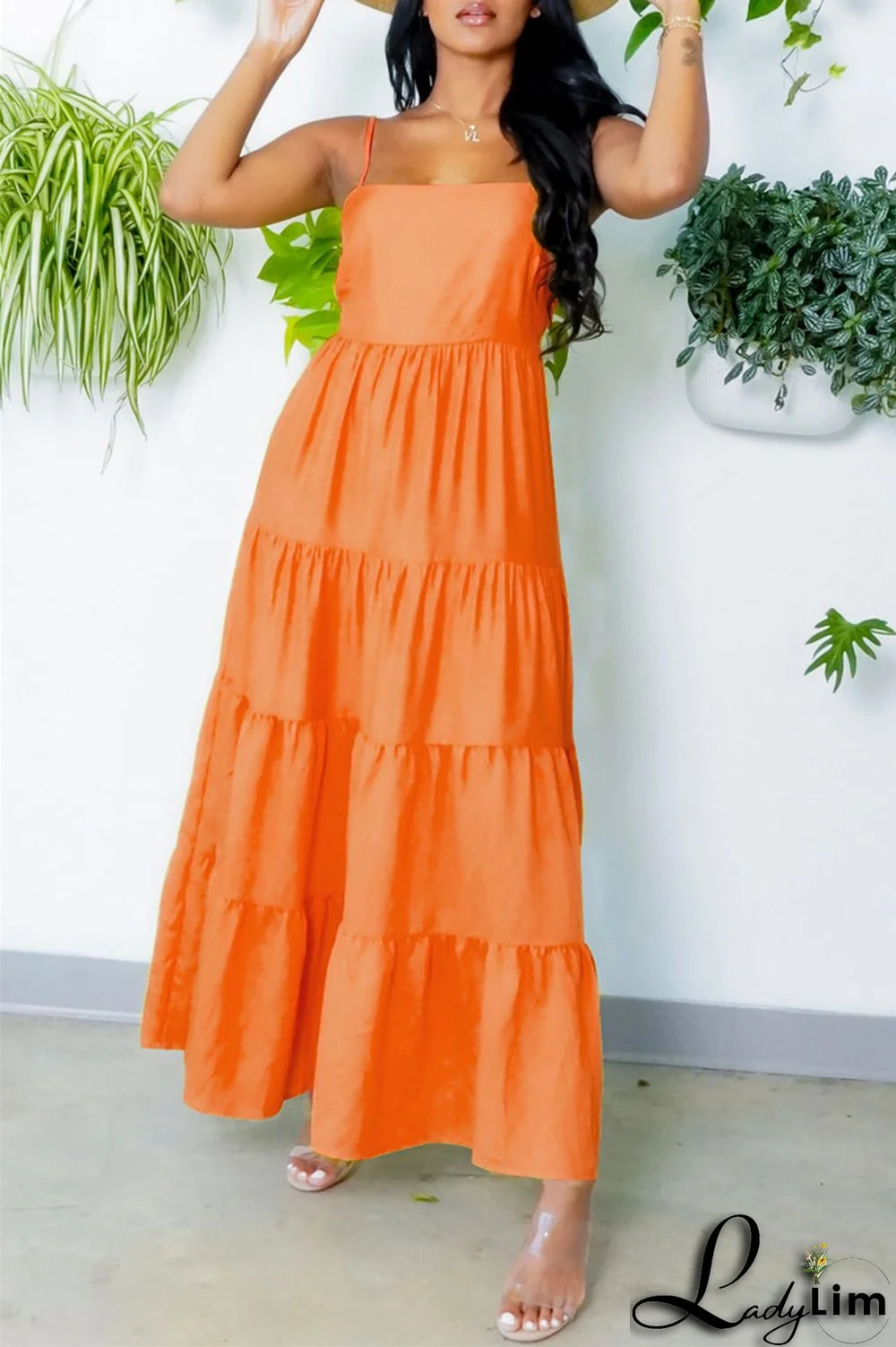 Yellow Fashion Casual Solid Backless Spaghetti Strap Long Dress