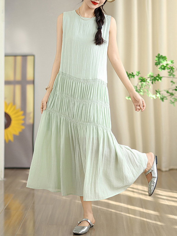 Sleeveless Round Neck Tiered Solid Color Loose Maxi Dress