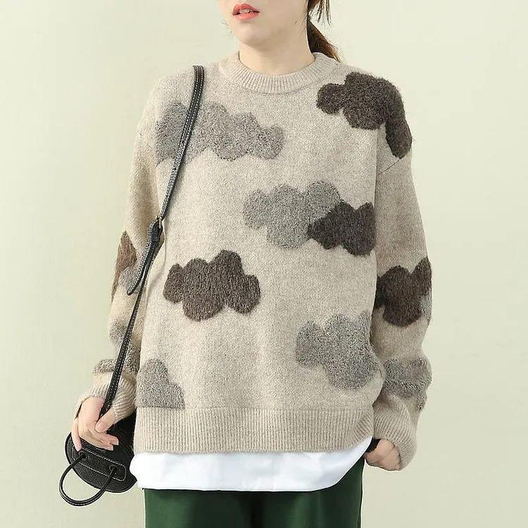 Chunky khaki Cloud Knit top silhouette o neck false two pieces knit tops