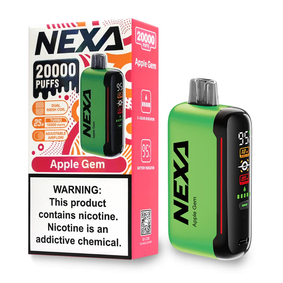 Green NEXA N20000 disposable vape device and Apple Gem packaging with digital screen.