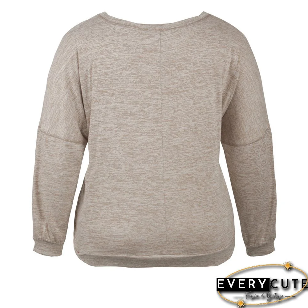 Khaki Button Neck Loose Style Plus Size Tops