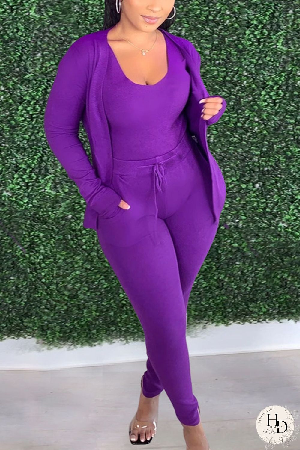 rose red Sportswear Solid O Neck Long Sleeve Regular Sleeve Two Pieces