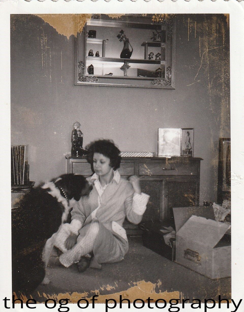 FOUND Photo Poster painting Original BLACK + WHITE Snapshot DOG LADYWOMAN DD 84 7