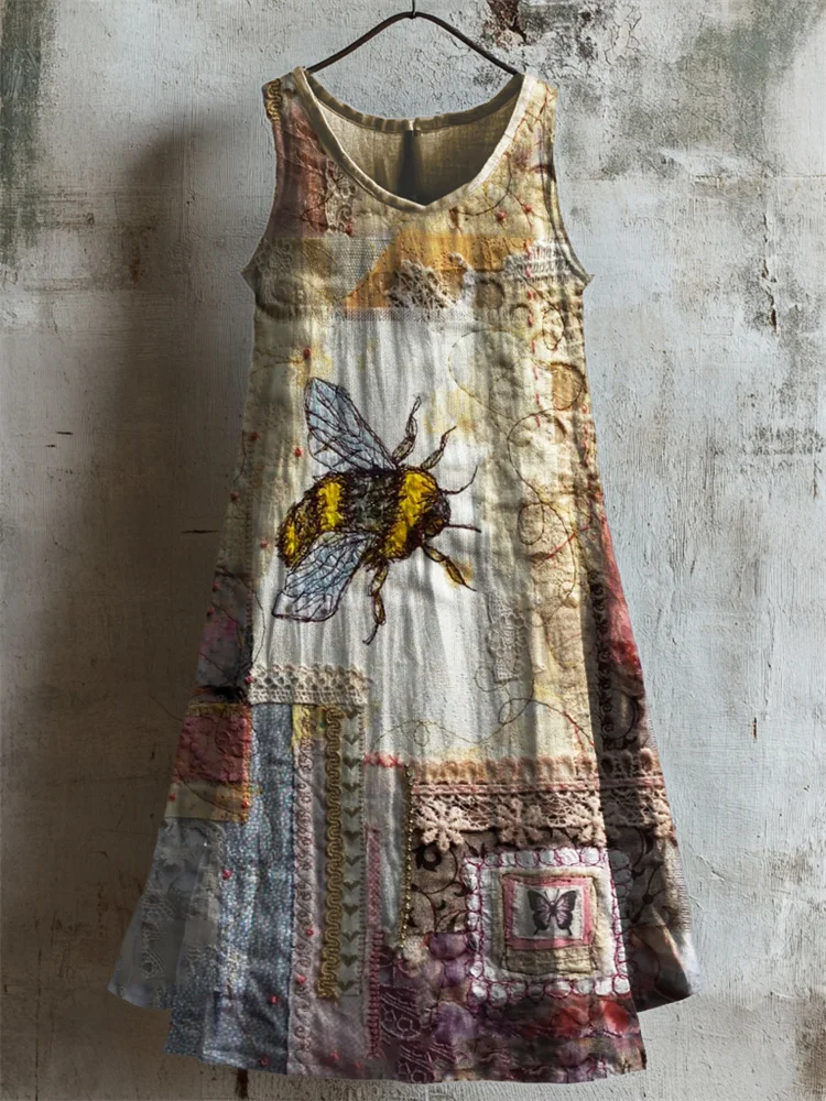 Cottage Bee Embroidered Floral Textile Linen Tank Dress