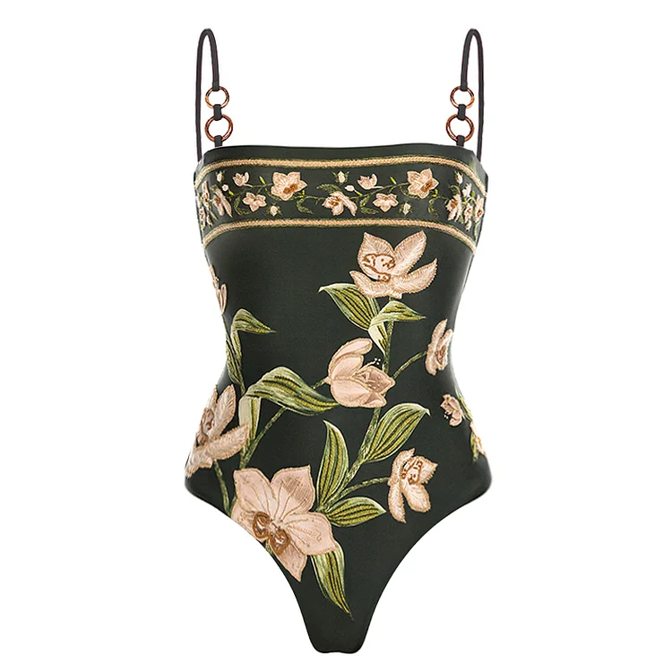 Flower Printed One Piece Swimsuit and Sarong