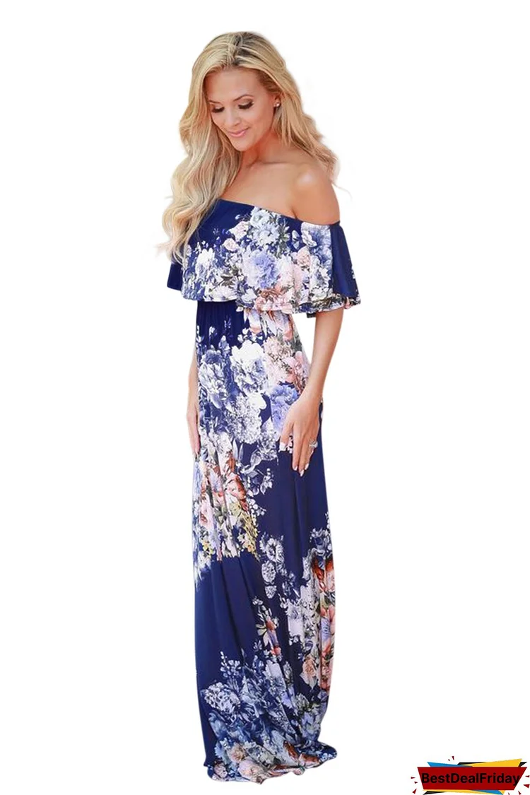 BestDealFriday Blue Ruffle Off Shoulder Floral Print Maxi Boho Dress P1480240