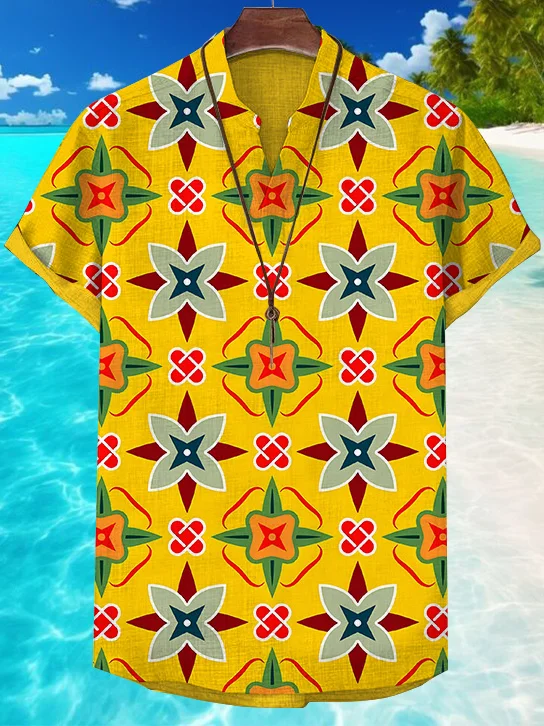 Men's Retro Geometric Art Print Casual V Neck T-Shirt