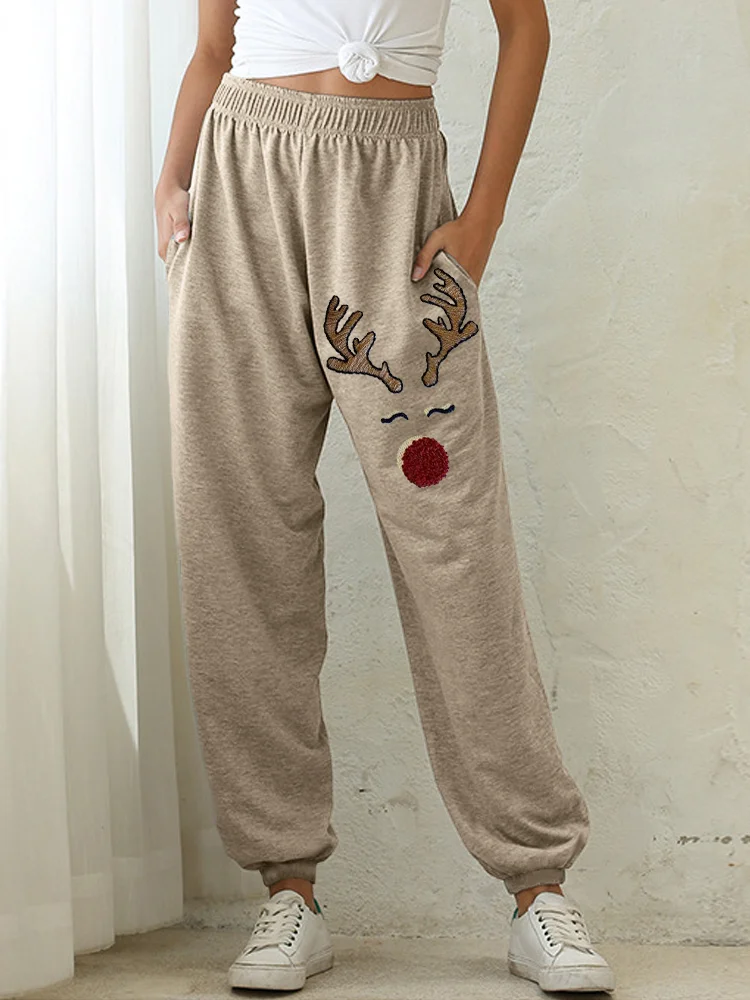 Christmas Reindeer Face Embroidery Art Cozy Sweatpants