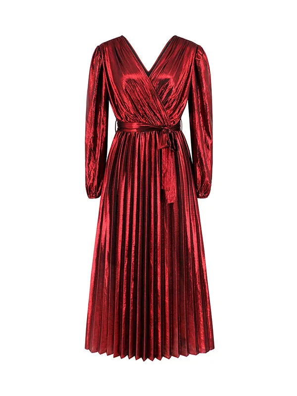 Bronzing Elasticity Pleated Solid Color Tied Waist High Waisted Long Sleeves Deep V-Neck Maxi Dresses