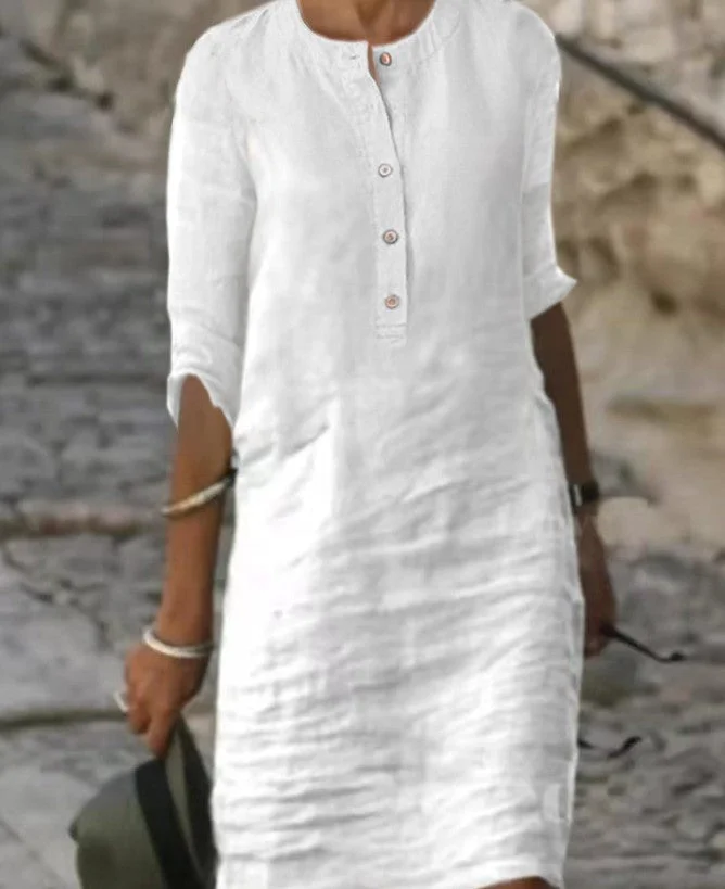 Uveng Spring Cotton And Linen Long-sleeved Dress Dresses