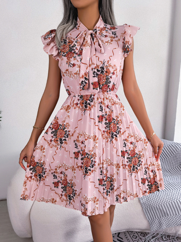 Mature Women Casual Summer Elegant Flower Tie Waist Swing Pleated Skirt Dress