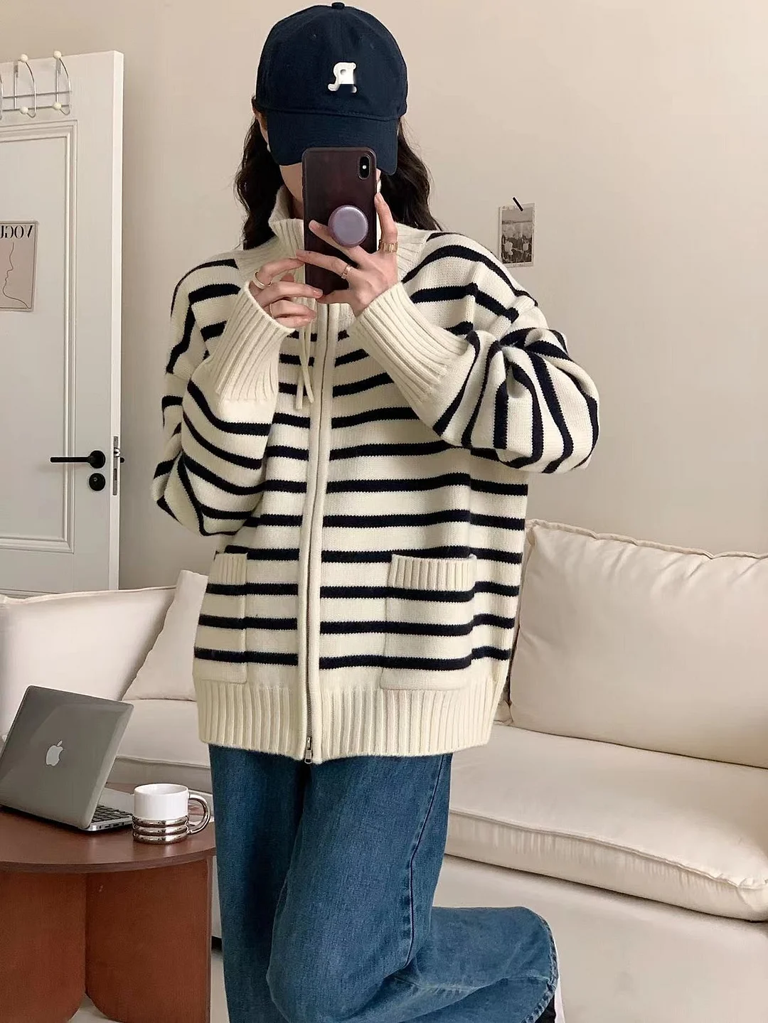 Churchf Churchf Lapel Stripe Double Zipper Knit Cardigan Women's 2024 New Loose And Versatile Thin Sweater Coat