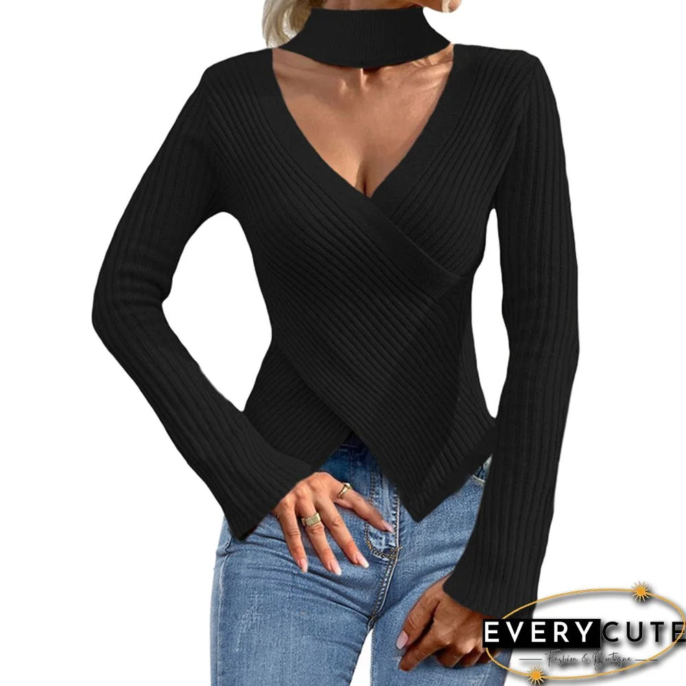 Black Keyhole V Neck Cross Hem Knit Long Sleeve Tops