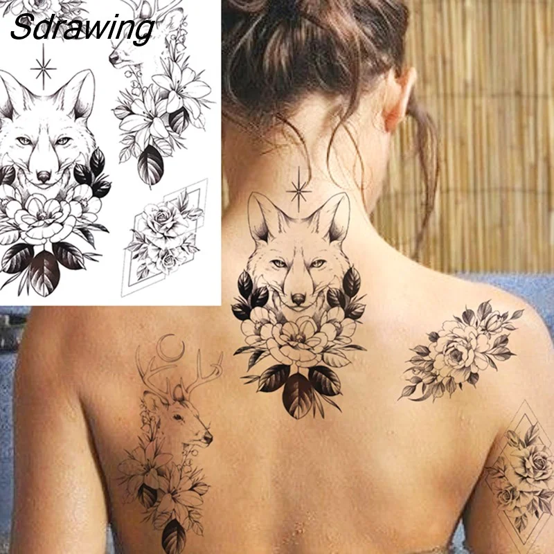 Sdrawing Lion Dahlia Temporary Tattoos For Women Adult Realistic Tiger Wolf Reindeer Snake Bird Fake Tattoo Sticker Washable Tatoos