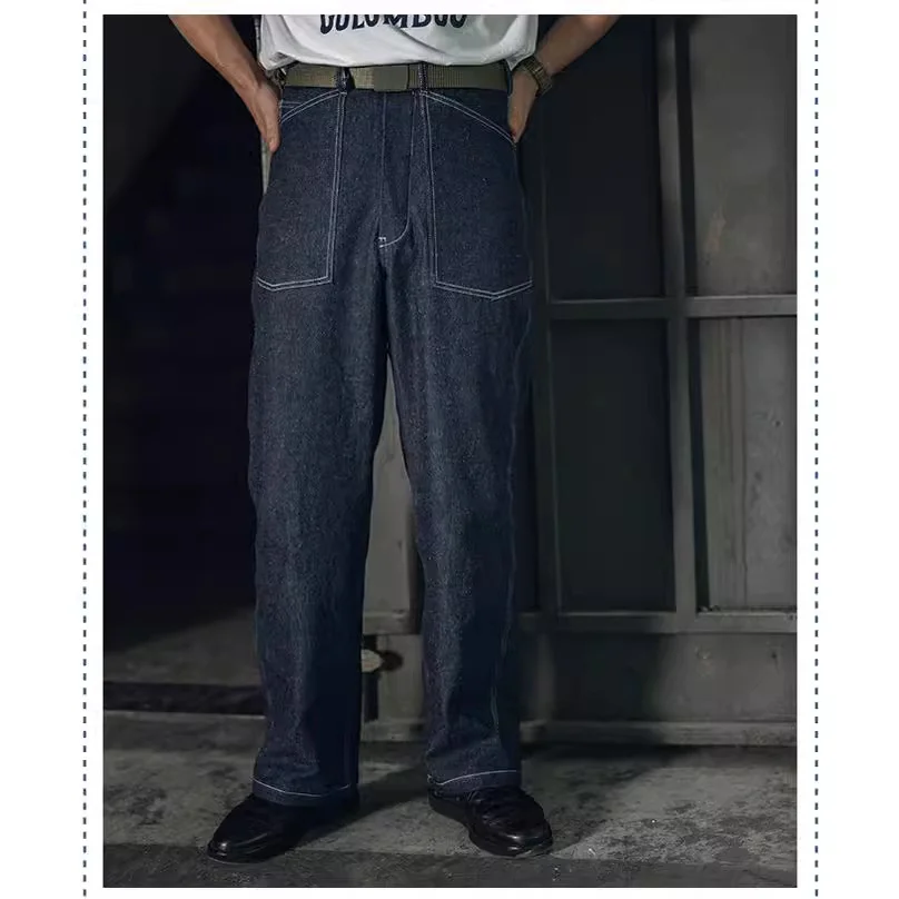 Men's Mid Waist Straight Jeans Denim Paris Buckle Casual Pants