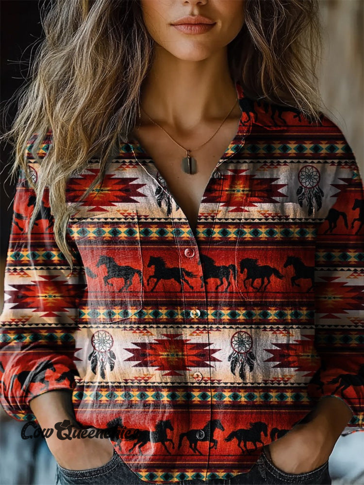 Women’s Red Vintage Aztec Hhorse Print Casual Long Sleeve Comfortable Cotton Shirt Multicolor / S