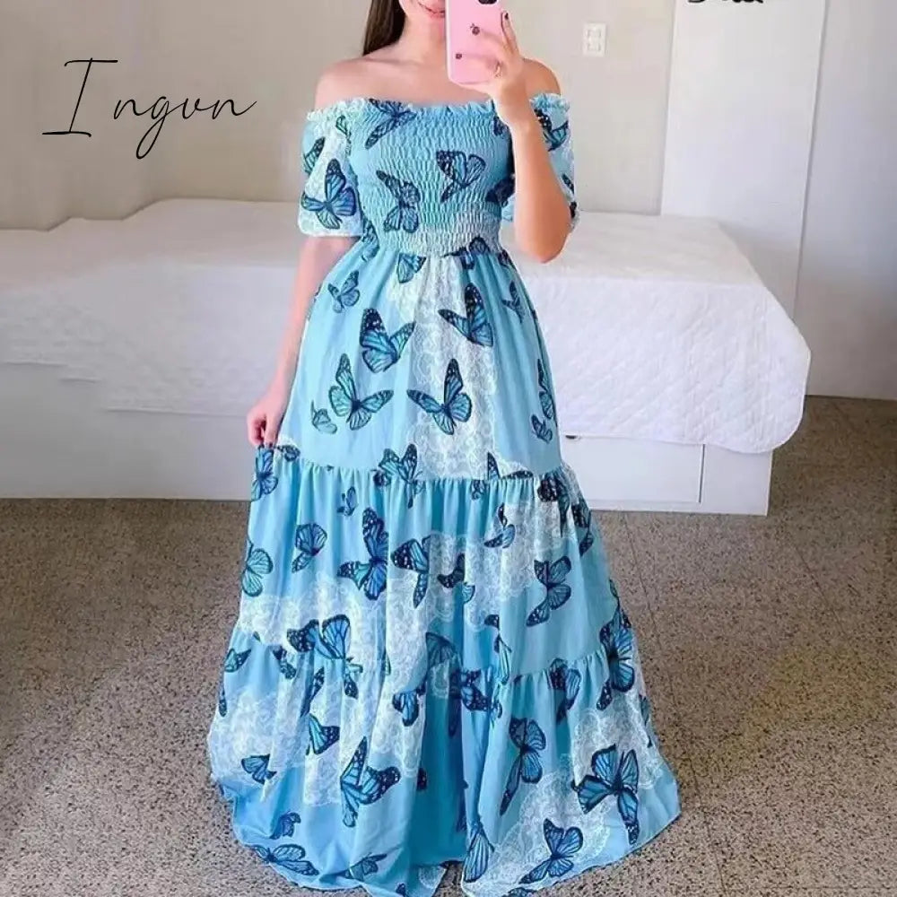 Ingvn - Women’s 2023 Butterfly Summer Dress Tube Top Short Sleeve Ruffle Hem A Line Date Night