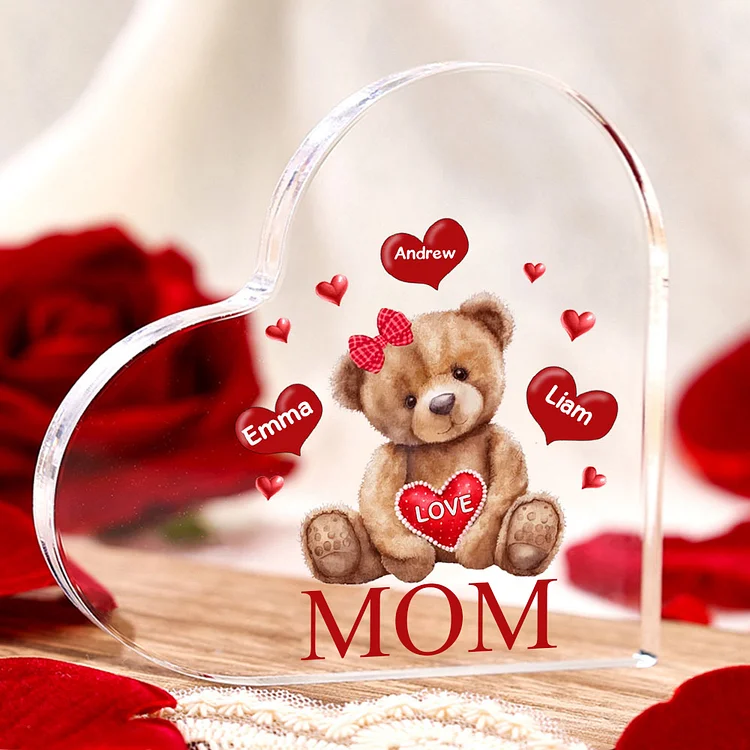 3 Names - Personalized Acrylic Heart Keepsake Custom 2 Texts Teddy Bear Ornaments Gifts for Grandma/Mother