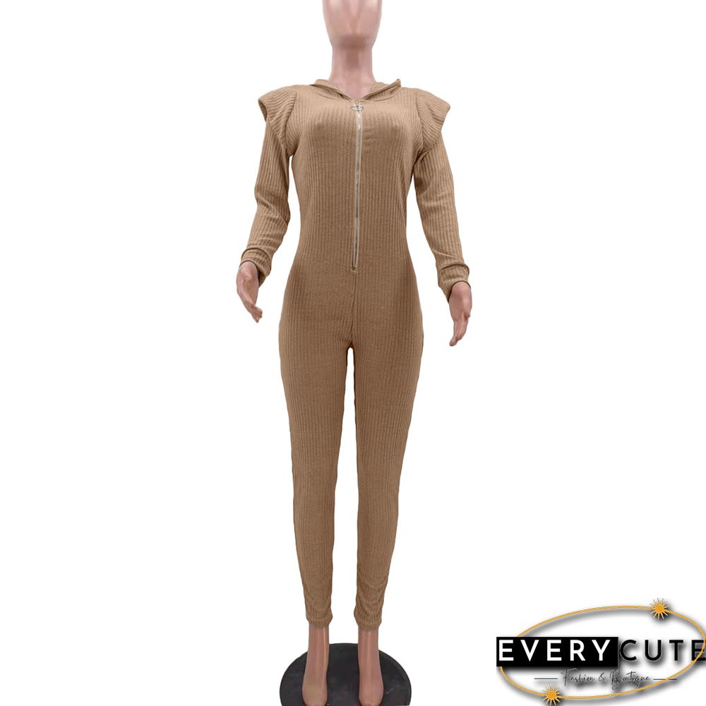 Knitted Long Sleeve Shoulder Padded Hooded Jumpsuit