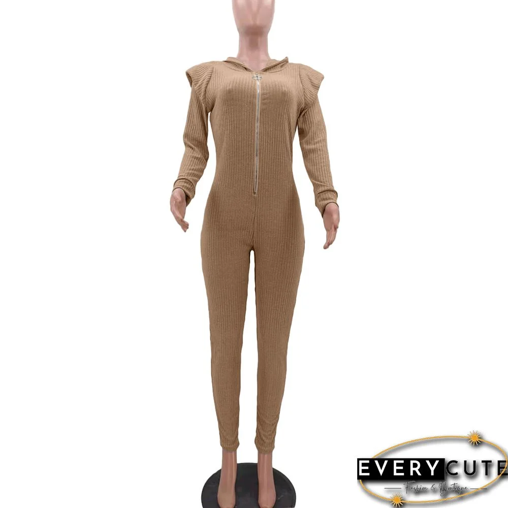 Knitted Long Sleeve Shoulder Padded Hooded Jumpsuit