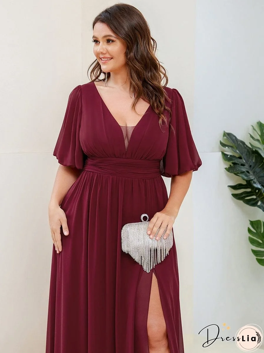 Elegant Deep V-Neck A-Line Bridesmaid Dress with Half Puff Sleeves