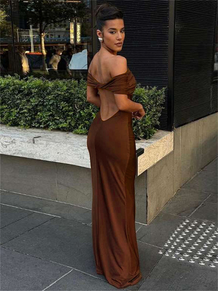 Ootddress Pleated Off-Shoulder Elegant Long Dress For Women Twist Backless Patchwork Fashion Solid Party Dress Summer Maxi Dress New