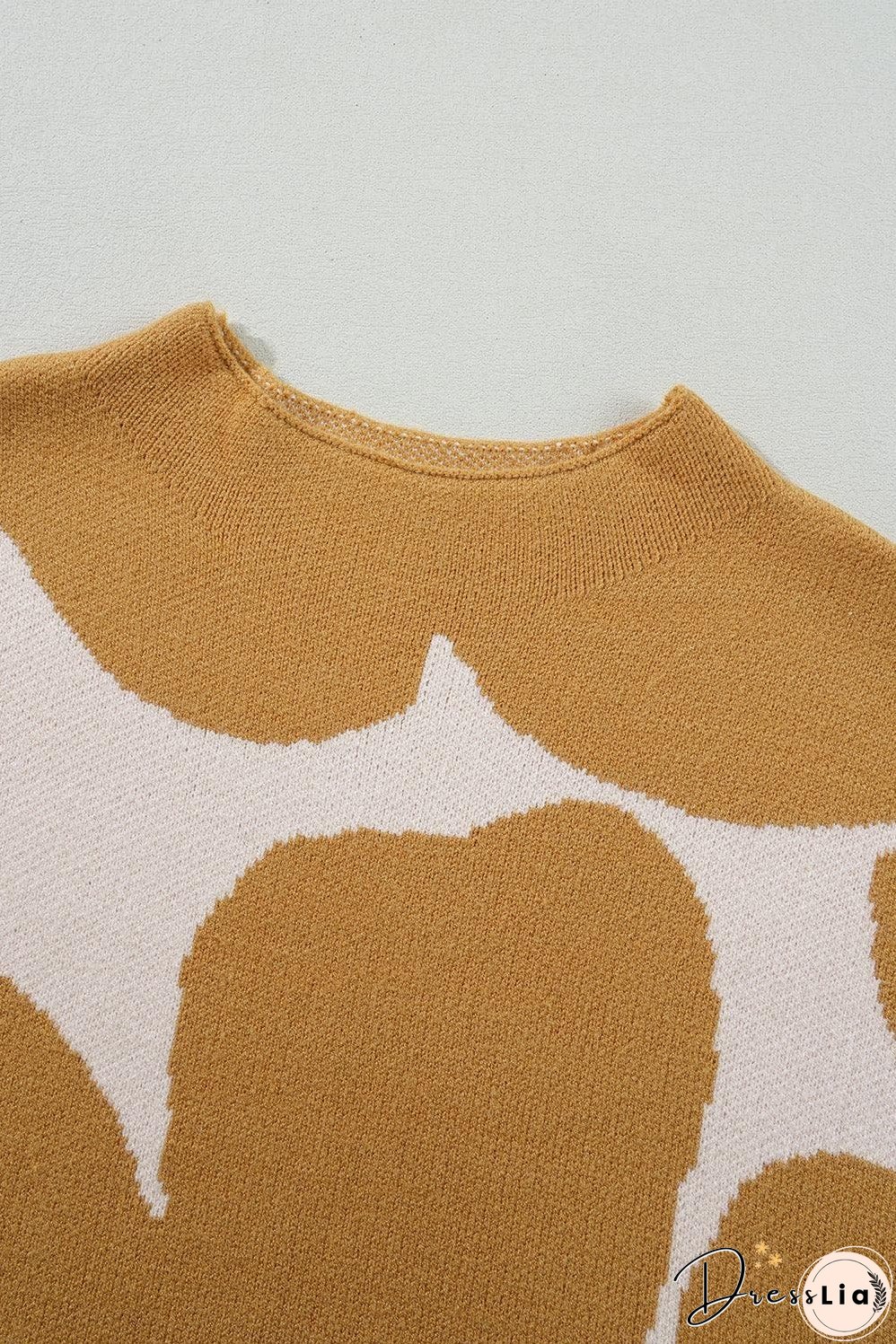 Camel Big Flower Pattern Stand Neck Short Sleeve Sweater