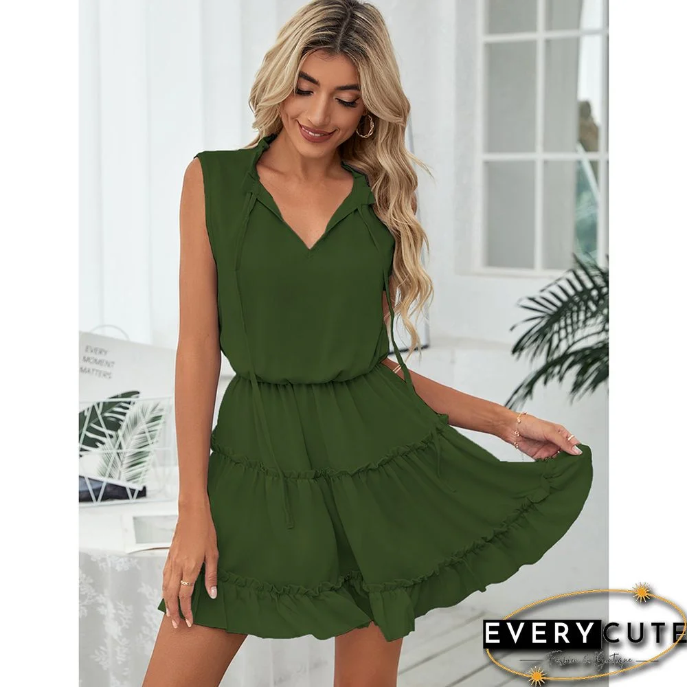 Army Green V Neck Sleeveless Mini Dress