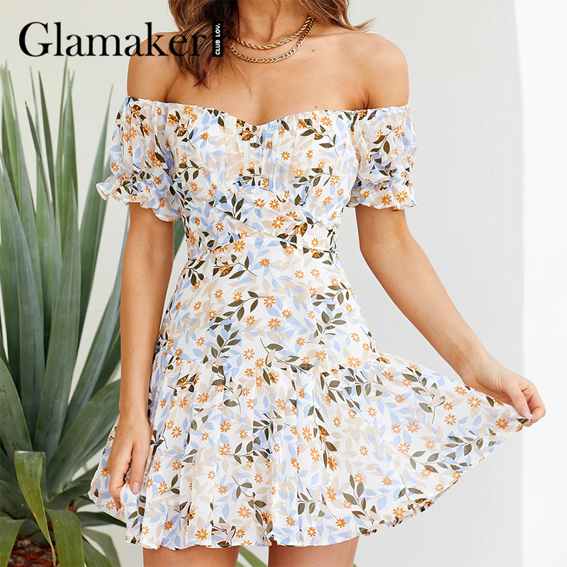 Glamaker Sexy short puff sleeve summer dress Women ruffles off shoulder holiday beach dres Fashion elegant office spring vestido