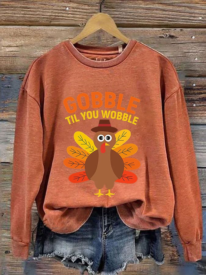 Women's Thanksgiving Day Gobble Til You Wobble Print Crew Neck Sweatshirt