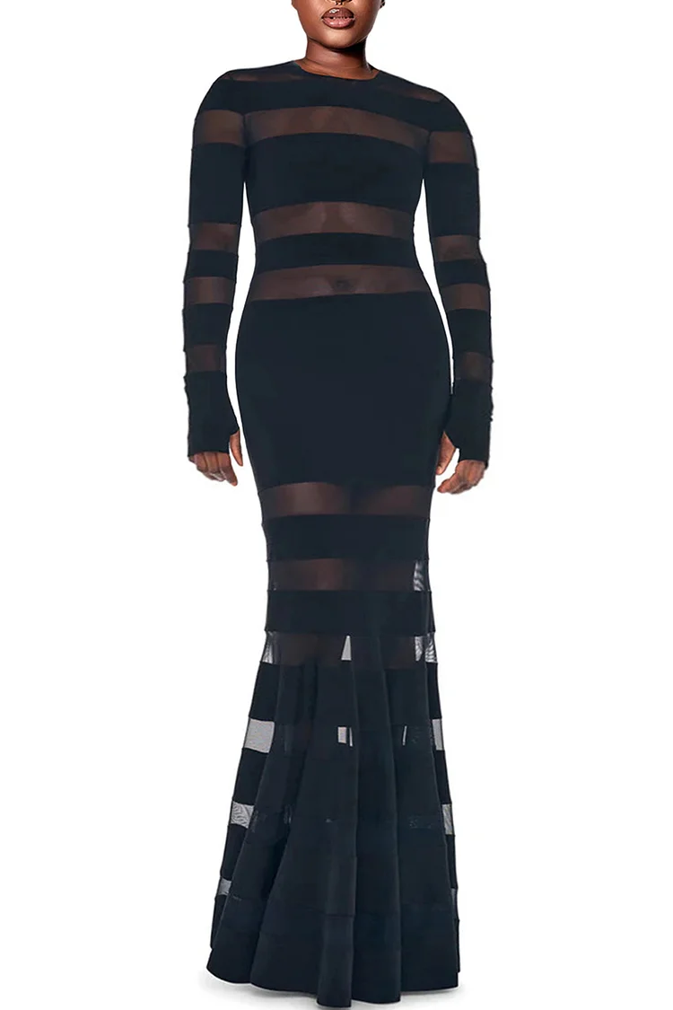 Mesh Striped See-Through Formal Party Maxi Fishtail Dresses-Black [Pre Order]