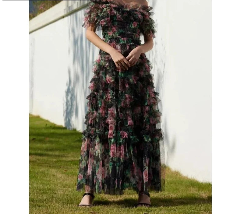 Llyge Floral Sweet Elegant Women's Mesh Dress Slash Neck High Waist Edible Tree Fungus Casual Midi Cloth New Summer 2024 llyge
