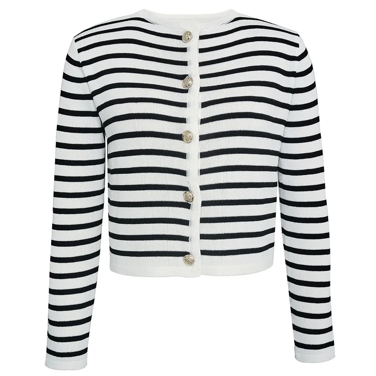 Fashion Striped Crew Neck Knit Cardigan Pants Set