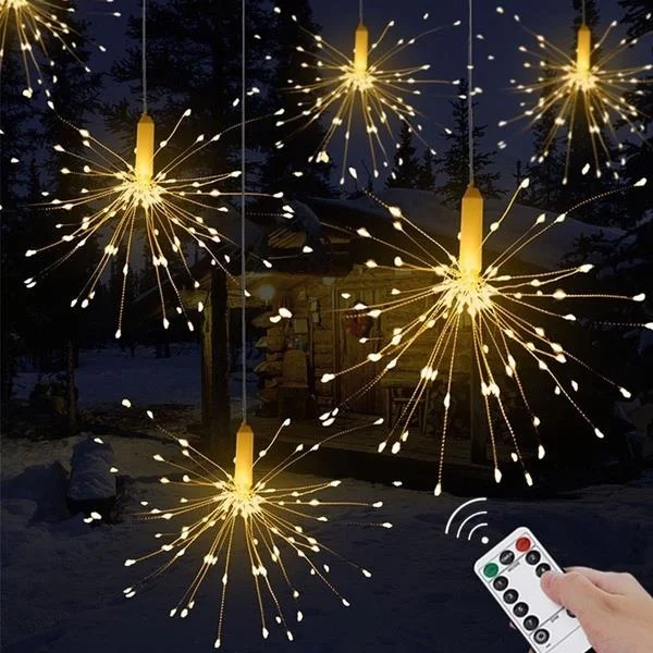 150/120 LED Starburst String Lights Christmas Festival Decor Indoor Outdoor Decoration Light DIY Fireworks Lamp Exploding Lighting Wedding Bar Xmas Star Ball Remote Control Copper Battery Lights(Color:White/Multicolor)